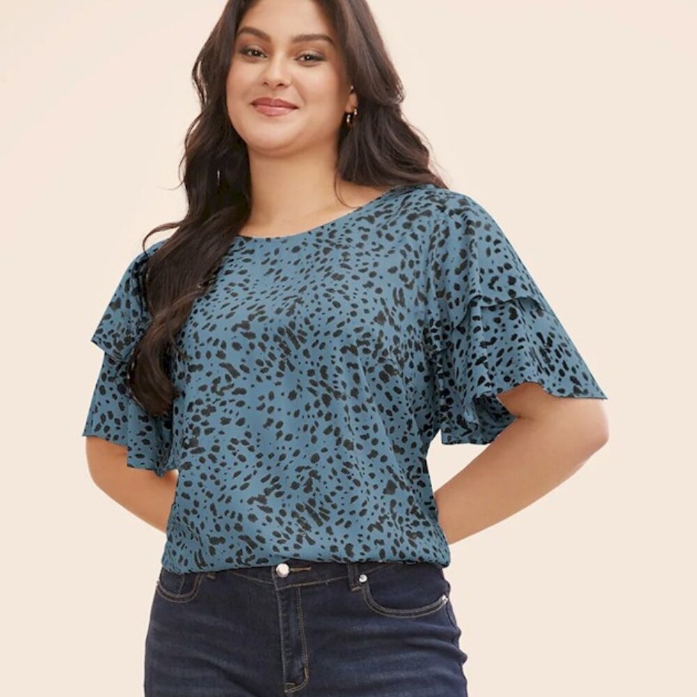 BloomChic Blue and Black Dotted Ruffle Sleeve Blouse - Picture 8 of 11
